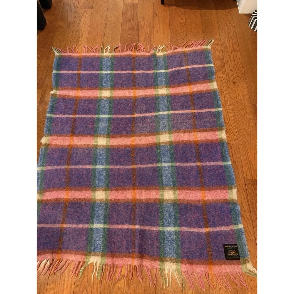 Vintage 1960s Robert Burns Mohair Plaid Throw, 70% Mohair, 30% Wool 70x52